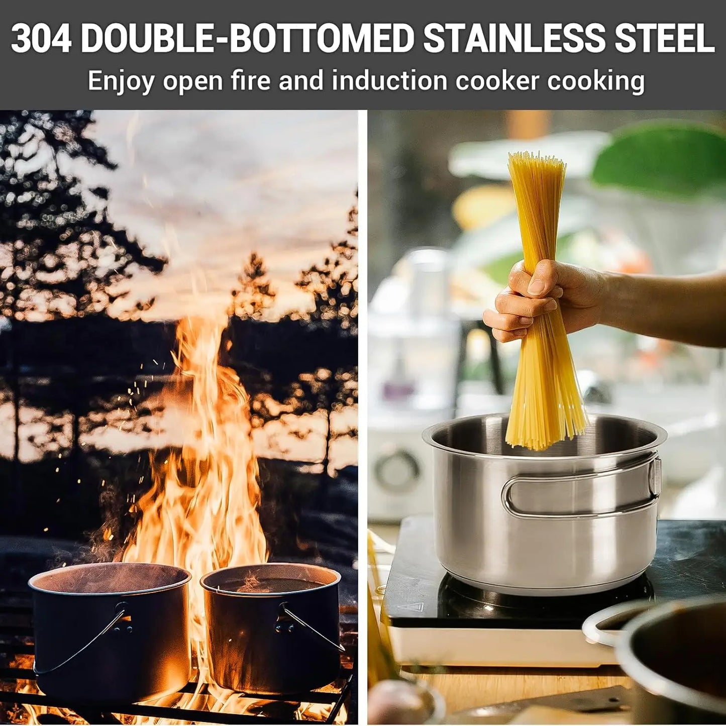 Camping Cookware Set 304 Stainless Steel Campfire Cooking Pots Pan and Kettle with Travel Tote Bag for Camping Outdoor Kitchen C