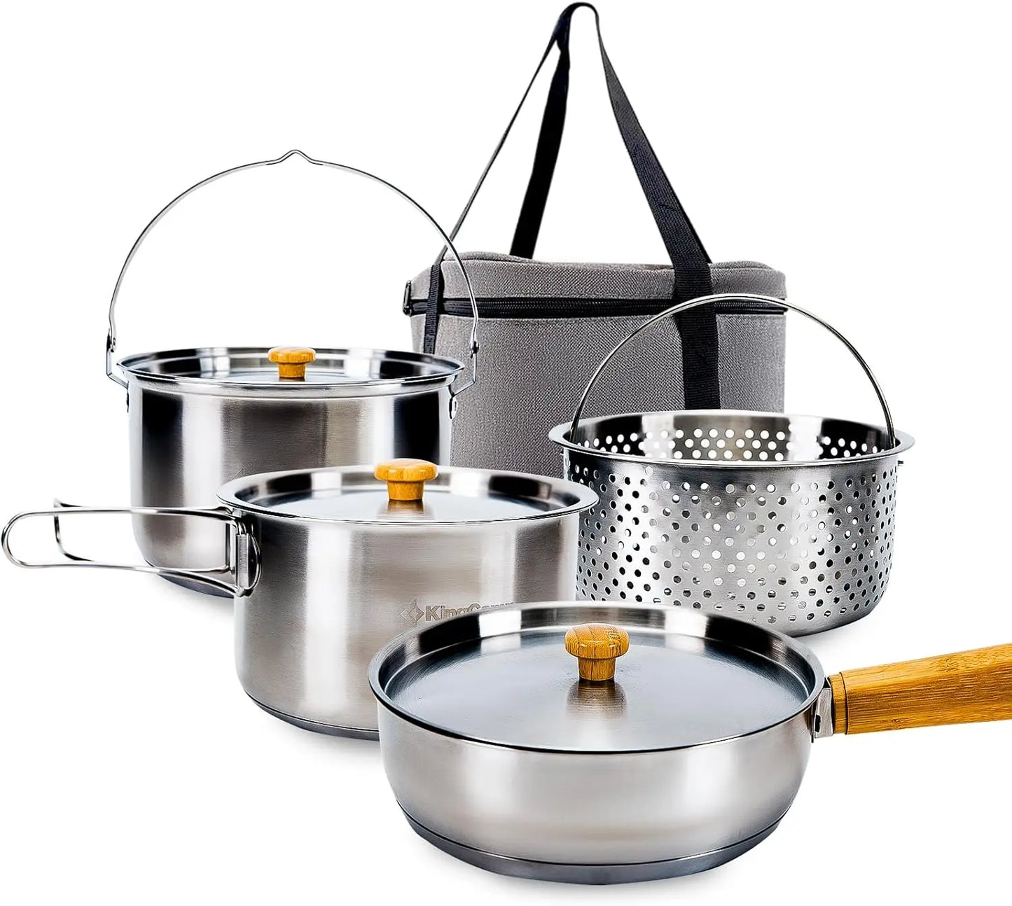 Camping Cookware Set 304 Stainless Steel Campfire Cooking Pots Pan and Kettle with Travel Tote Bag for Camping Outdoor Kitchen C