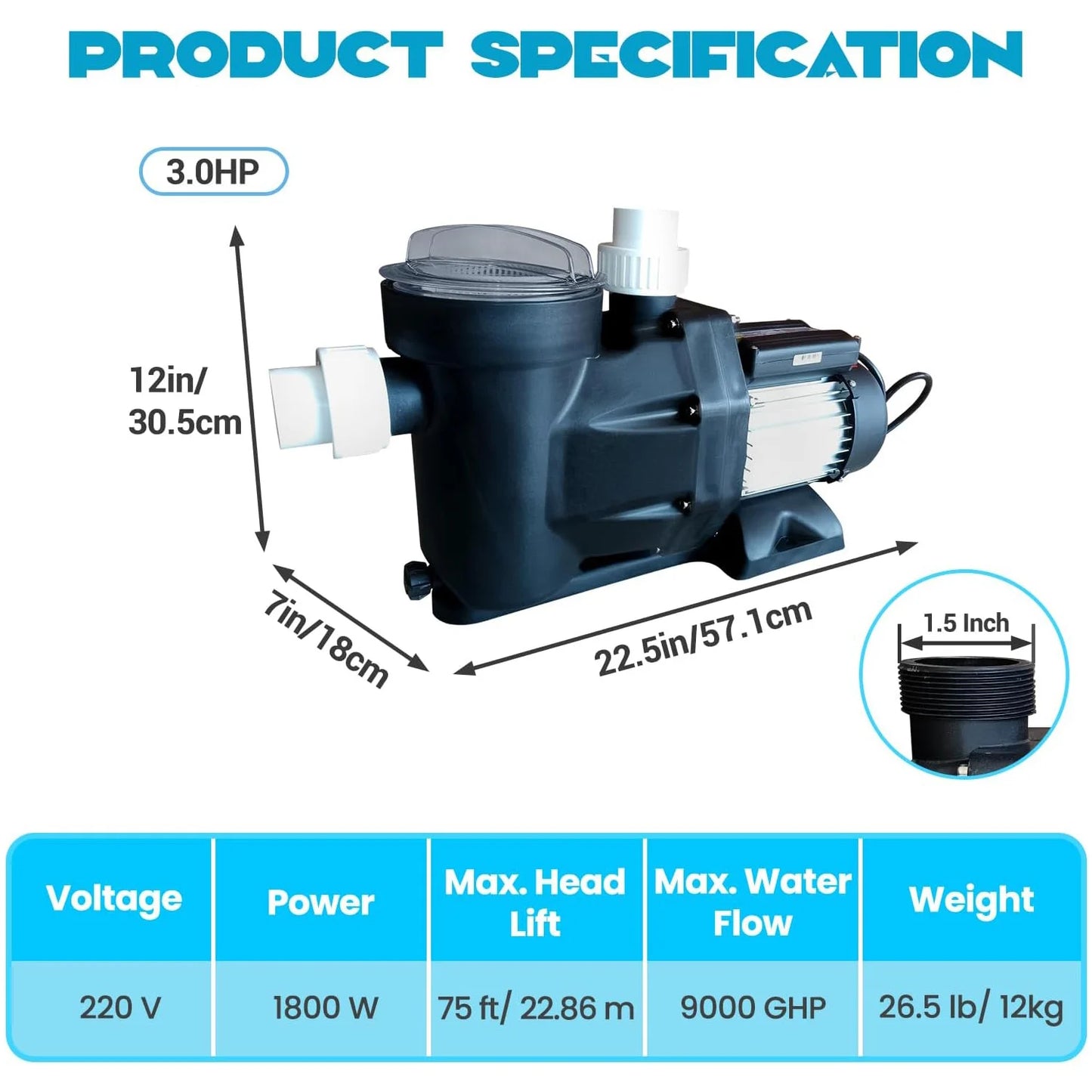 1.5HP - 3.0HP Swimming Pool Pump 220V Single Speed
