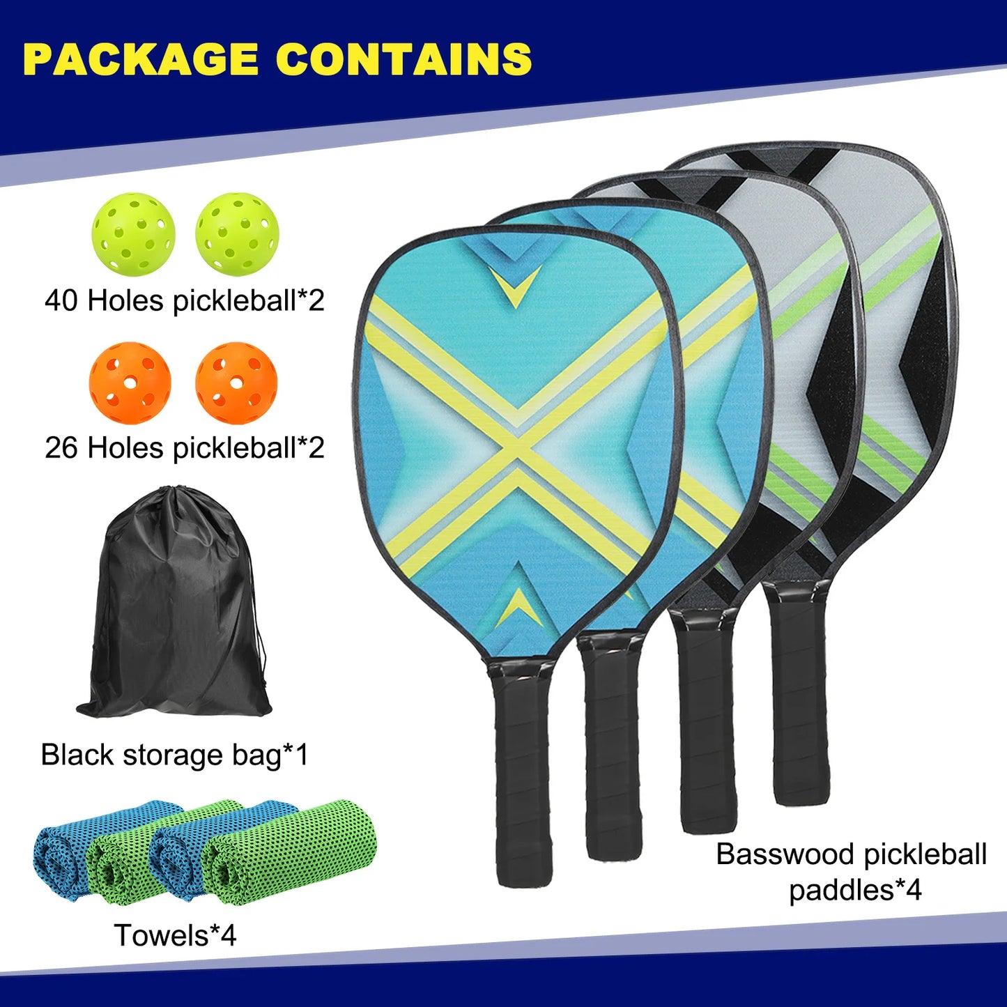 Pickleball Set, 4 Premium Wood Rackets 4 Balls 4 Cooling Towels