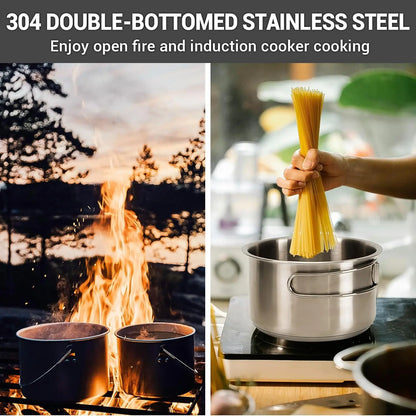 Camping Cookware Set 304 Stainless Steel Campfire Cooking Pots Pan and Kettle with Travel Tote Bag for Camping Outdoor Kitchen C