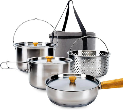 Camping Cookware Set 304 Stainless Steel Campfire Cooking Pots Pan and Kettle with Travel Tote Bag for Camping Outdoor Kitchen C