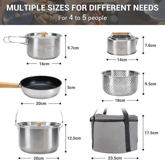 Camping Cookware Set 304 Stainless Steel Campfire Cooking Pots Pan and Kettle with Travel Tote Bag for Camping Outdoor Kitchen C