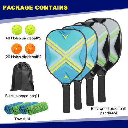 Pickleball Set, 4 Premium Wood Rackets 4 Balls 4 Cooling Towels